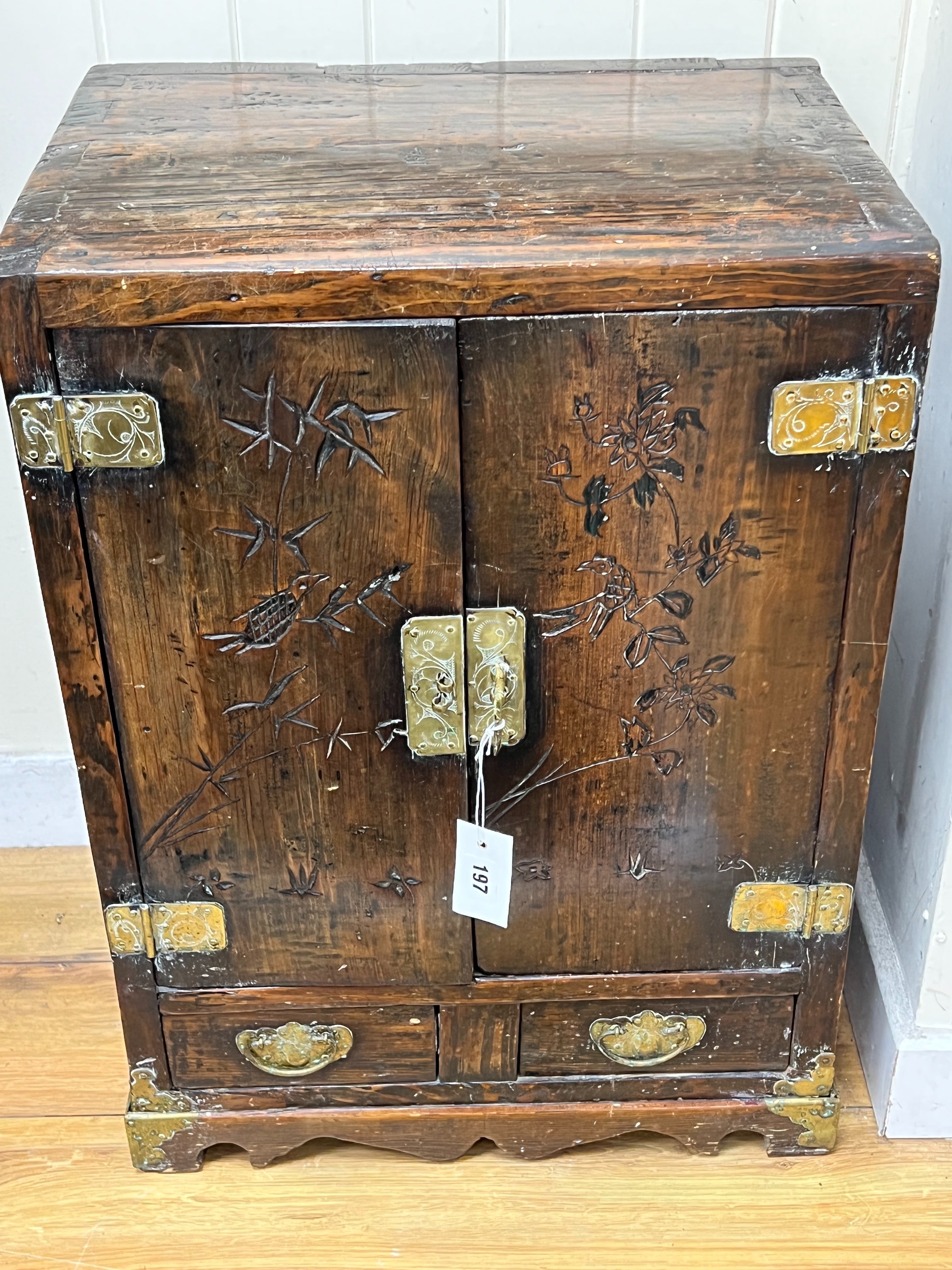A Korean brass mounted elm table cabinet, width 48cm, depth 34cm, height 67cm